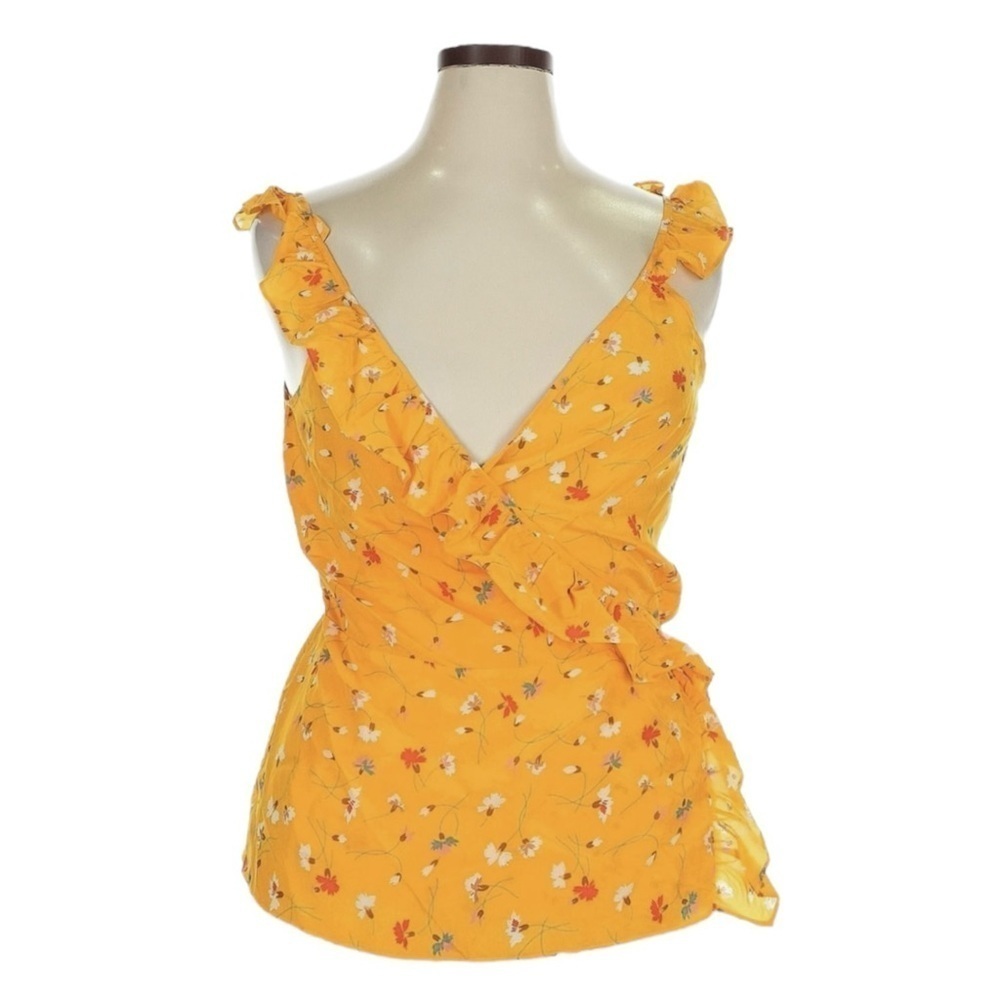 Madewell 100% Silk Wrap Top Yellow Floral Ruffle Sleeveless Blouse Size 14 NWT